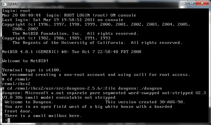 Qemu 0.14.0 NetBSD 4.0.1 running dungeon