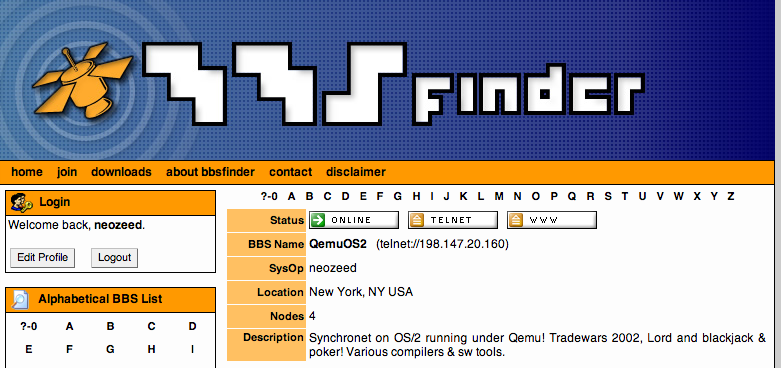 BBS Finder screen