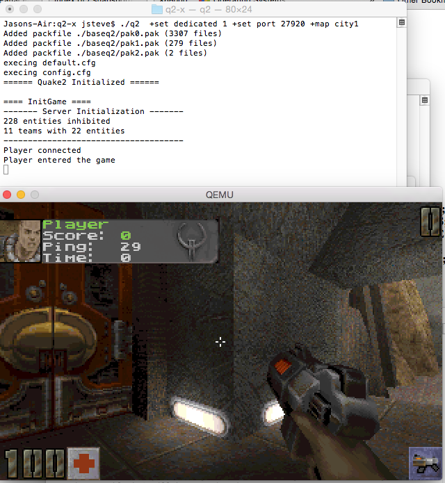 Quake II for MS-DOS running on Qemu connected to a dedicated OS X server.