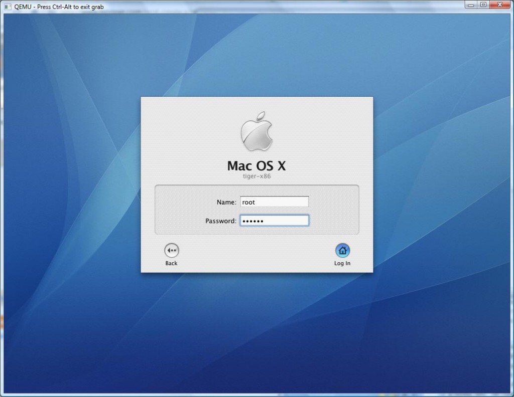 Qemu 0.12.5 osx 10.4.1 logon screen