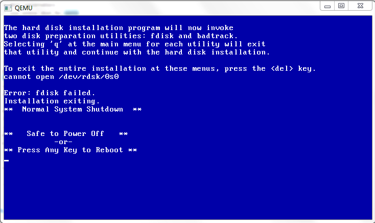 Cannot open /dev/rdsk/0s0!! Error: fdisk failed. !! Installtion exiting ??