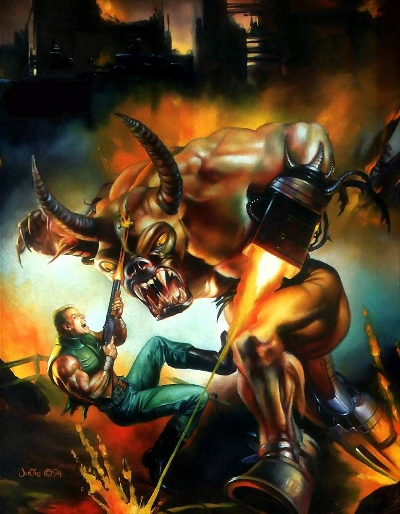 This original DOOM II box cover was painted by Julie Bell. The Cyberdemon didn't look right so we switched to BROM