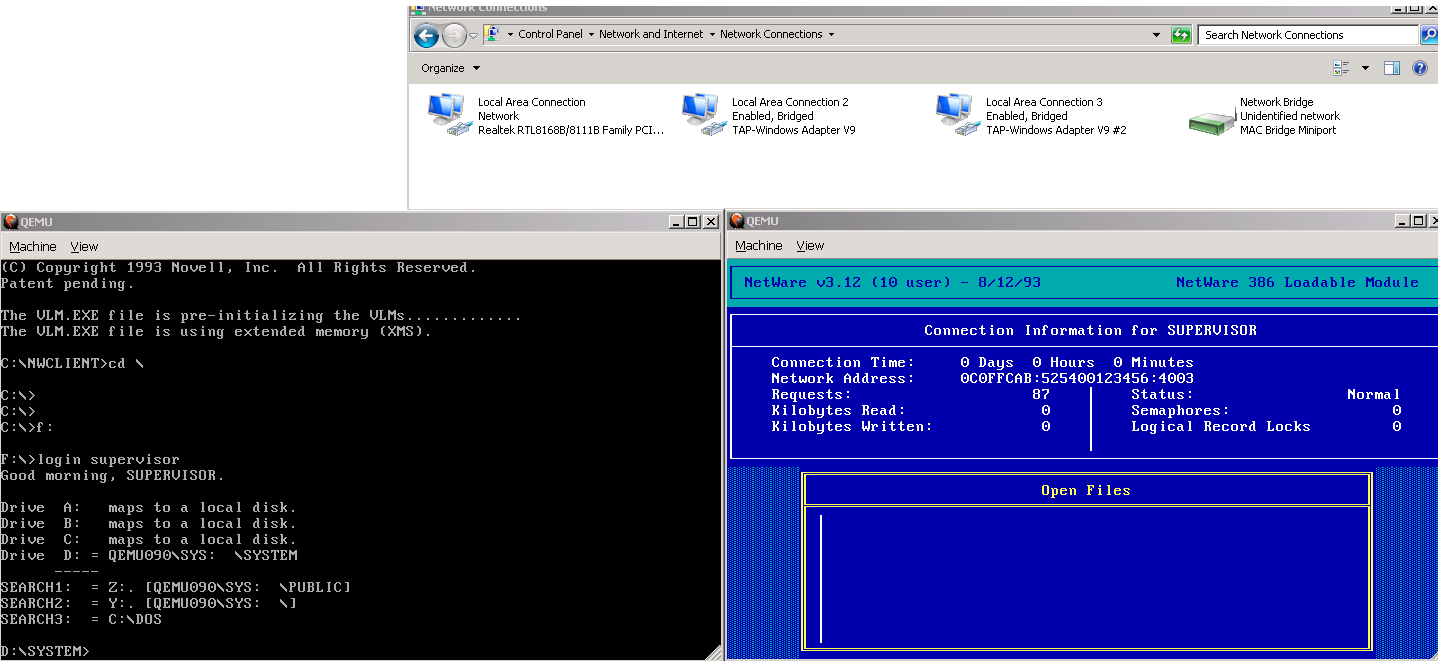 Logging in from the MS-DOS VM to the NetWare 3.12 VM