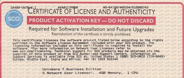 unixware certificate of license and authenticity